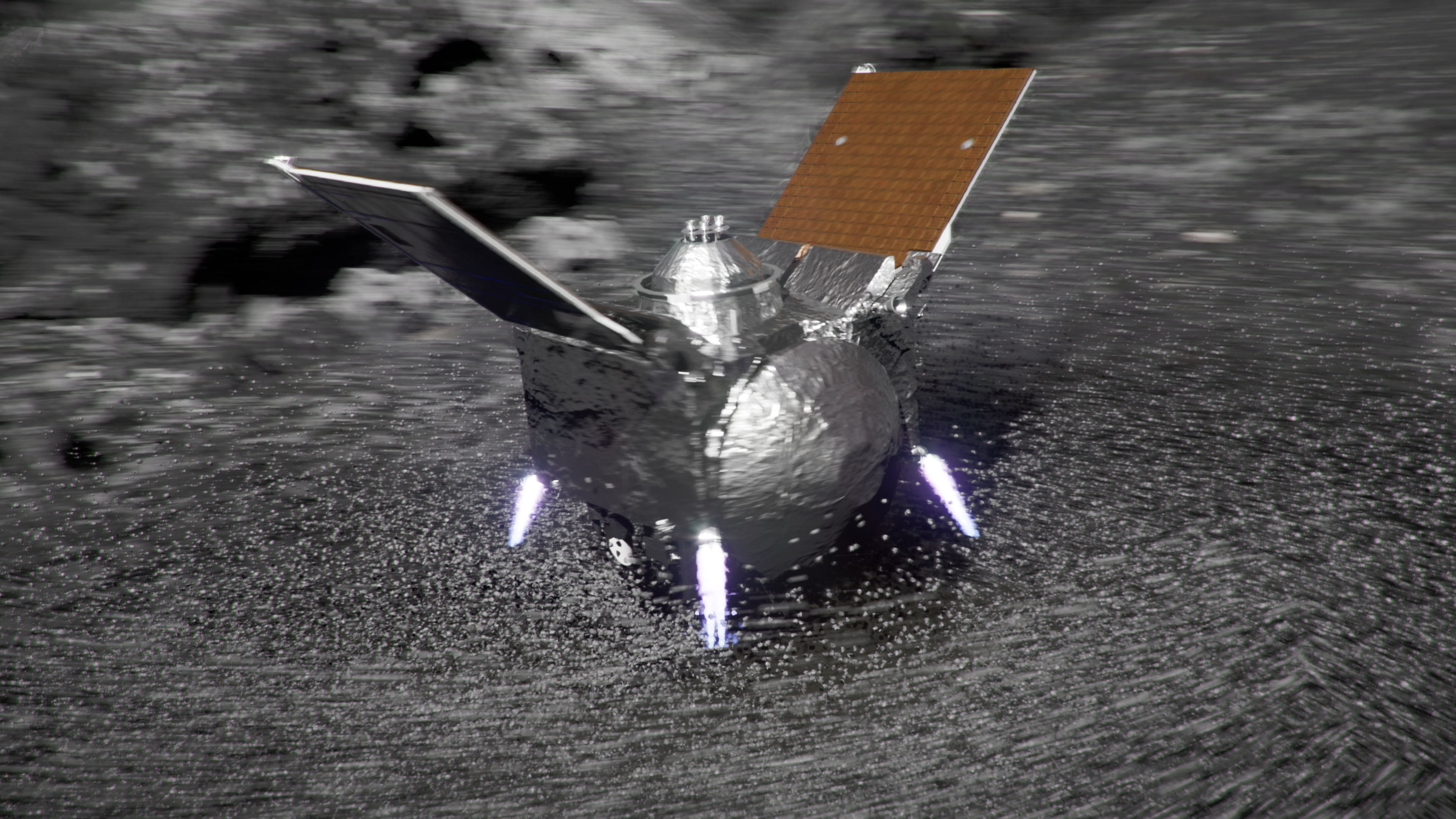 Artist's impression of the OSIRIS-REx spacecraft's sampling arm sinking into the asteroid's surface Artist's impression of the OSIRIS-REx spacecraft's sampling arm sinking into the asteroid's surface